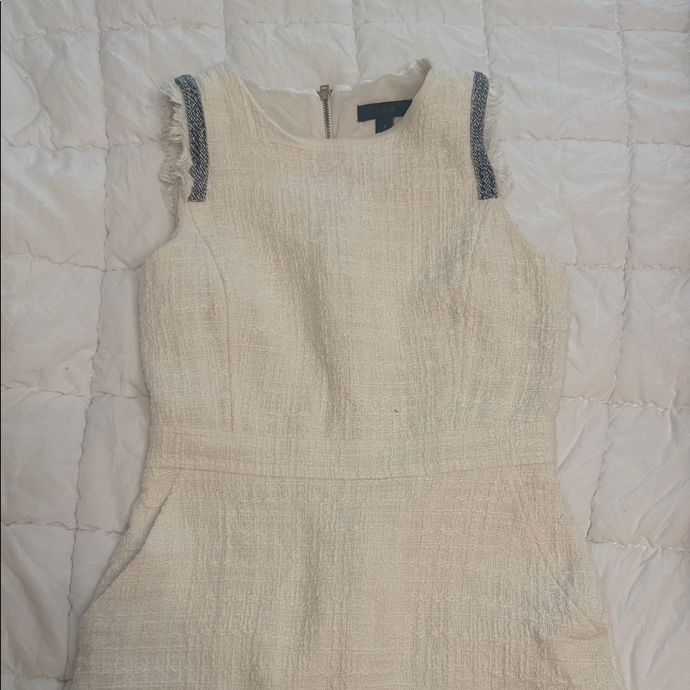 J. Crew Cream Sleeveless Tweed Shift Dress with Navy Shoulder Trim